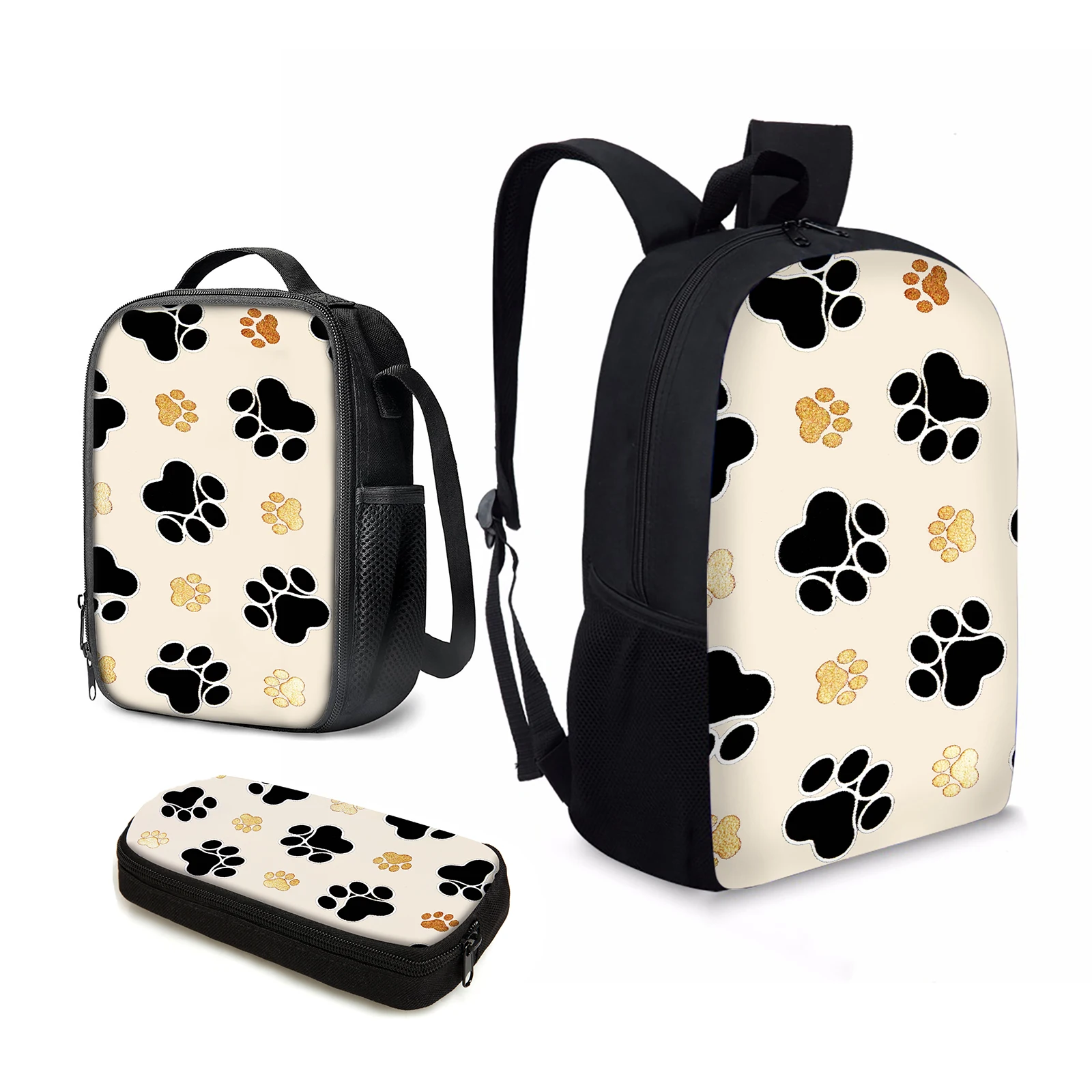 

YIKELUO Cartoon Dog Paw Print Kids Back To School Gift White Cat Paw Print Insulated Lunch Bag Pencil Case With Zipper Knapsack