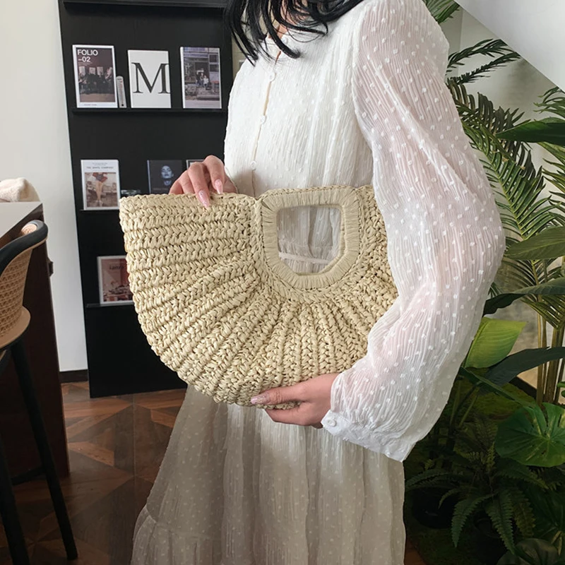 Women's Retro Rattan Handbag Handmade Knitted Tote Bag Summer Straw Half-Moon Beach Fashion Big Handle Bag