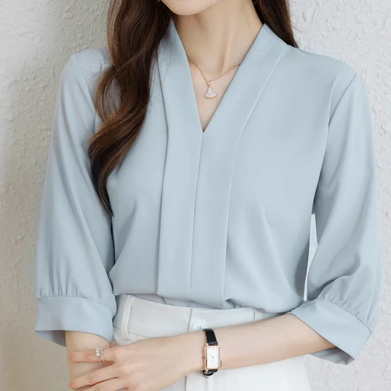 

Summer Women Clothes Korean Style Commuter Office Workplace Wear Blouse Lady Fashion V-neck Tops Casual Short Sleeve Shirt 27090