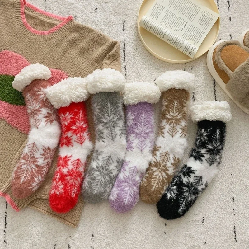 

Christmas Snowflake Fuzzy Slipper Socks for Women Winter Warm Soft Fleece Lined Non-Slip Grippers Thermal Floor Socks