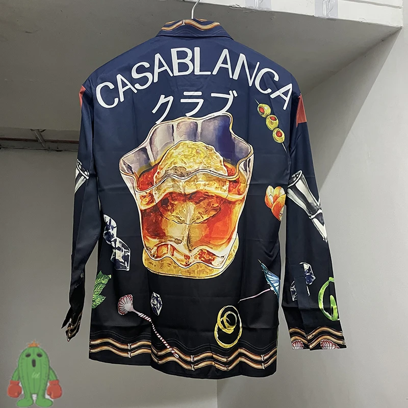 

Real Photos Blue Wine Cup Casablanca Shirts Letter Pattern Long Sleeve Holiday Casual Hawaiian Shirt for Men Women
