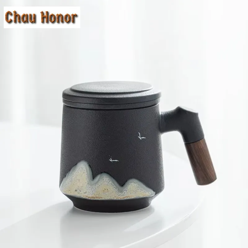 400ml Japanese Hand Painted Distant Hills Coarse Pottery Mug With Handle Filter Lid Coffee Cup Home Porcelain Cup Office Tea Mug