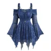 ROSEAGL Plus Size Asymmetrical Top Rose Flower Mesh Lace-up Panel Cold Shoulder Flare Sleeves Women's Unique Fashion T-Shirt