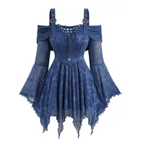 ROSEAGL Plus Size Asymmetrical Top Rose Flower Mesh Lace-up Panel Cold Shoulder Flare Sleeves Women's Unique Fashion T-Shirt