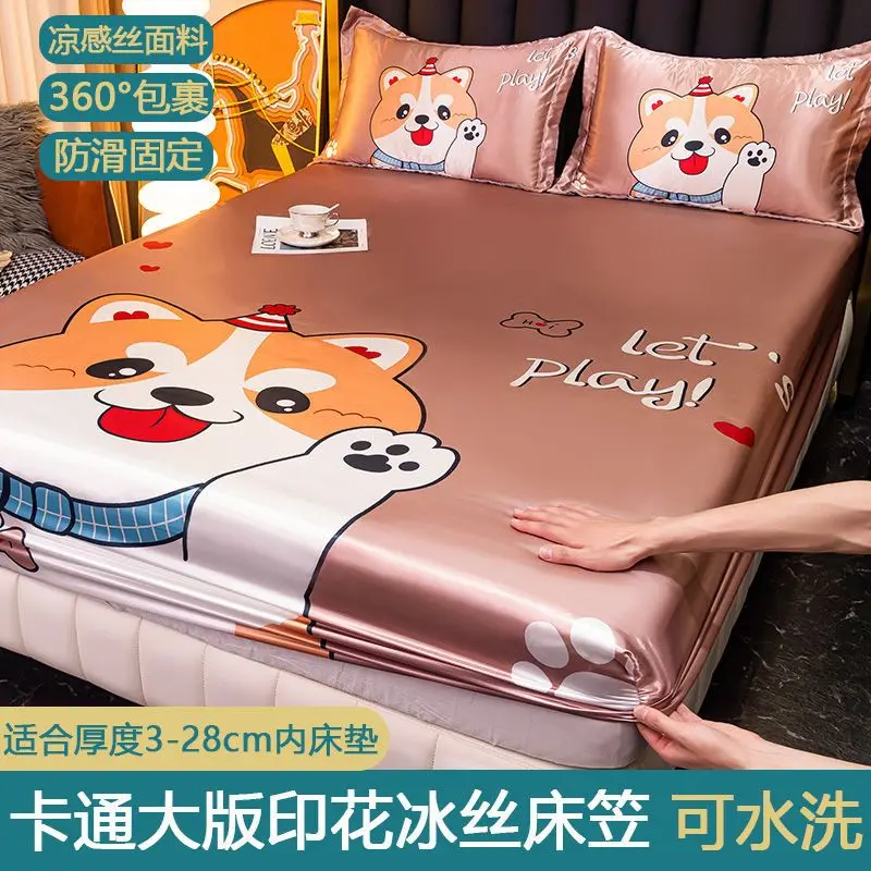 

Summer Ice Silk Summer Bed Cover Cover Thin Section Mattress Cover Protective Cover Non-slip Single Bed Sheet Three-piece Set