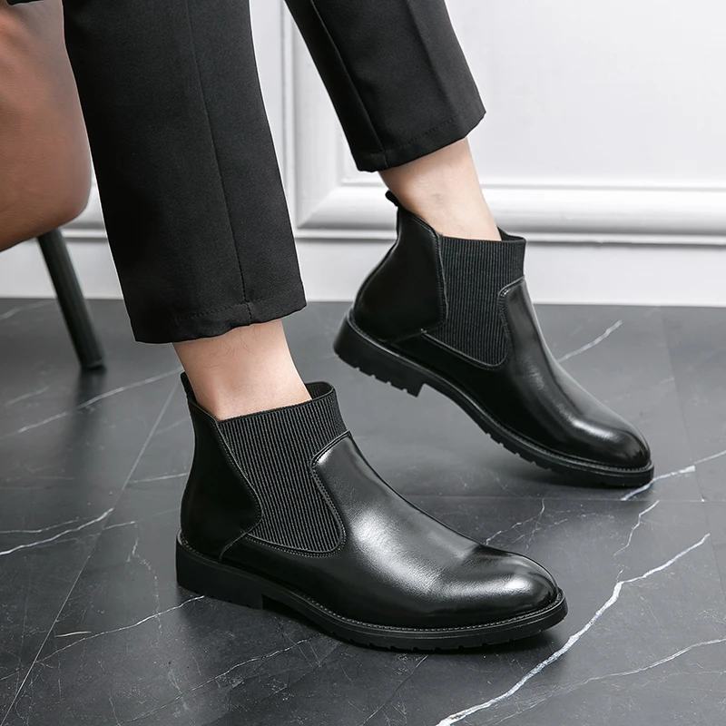 

Men's Chelsea Leather Boots Fashion Ankle Boots Elastic Band Slip-on Booots Male Dress Shoes Autemn Winter Warm Boots Coat Boots