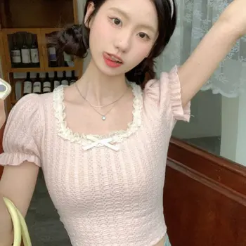 여성용 퍼프 슬리브 티셔츠, 레이스업 디자인, 한국 스타일, 핫 스위트 슬림 크롭 탑, 기질 캐주얼 시크, 올 매치 패션, 여름