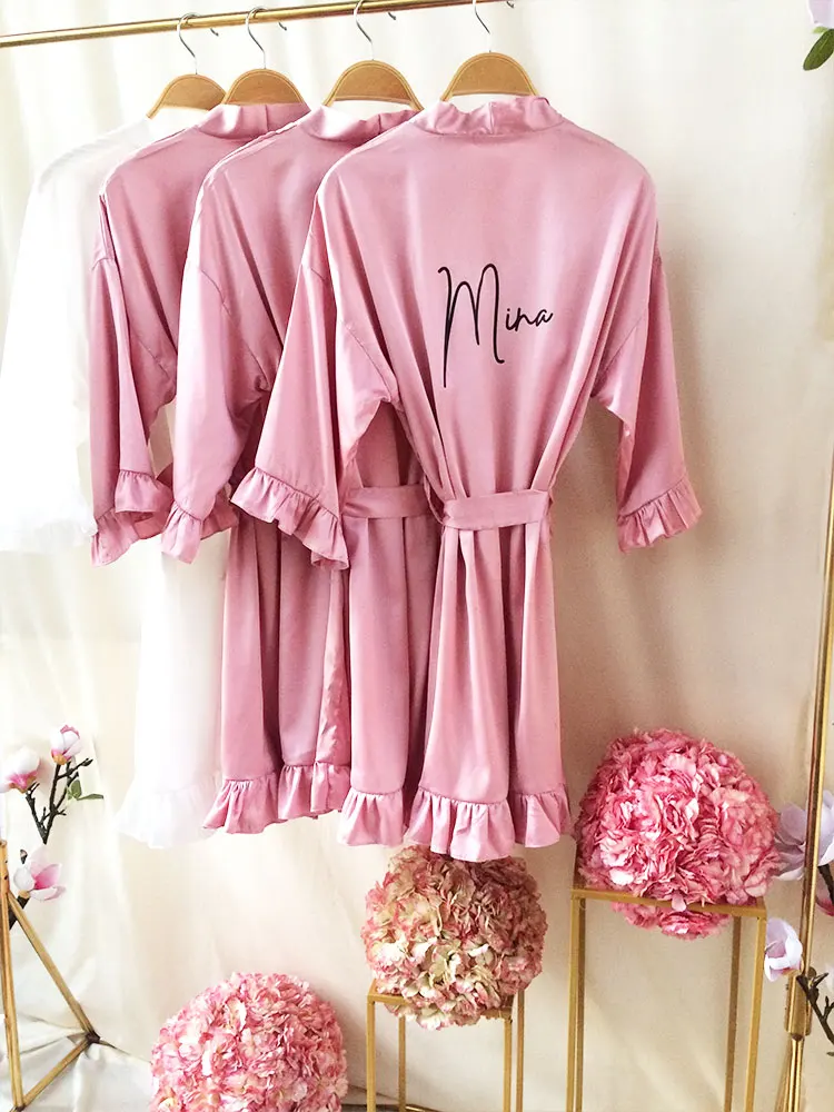 Dark Rose Satin Kimono Personalized Robe with Name for the Wedding Gown Custom Bachelorette Party Ruffle Silk Gown of Bridesmaid