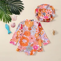 0-2 Years Toddler Baby Girls Swimwear Infant Spring Summer Swimsuit Long Sleeve Floral/Shell Print Bathing Suit with Hat Outfit 3