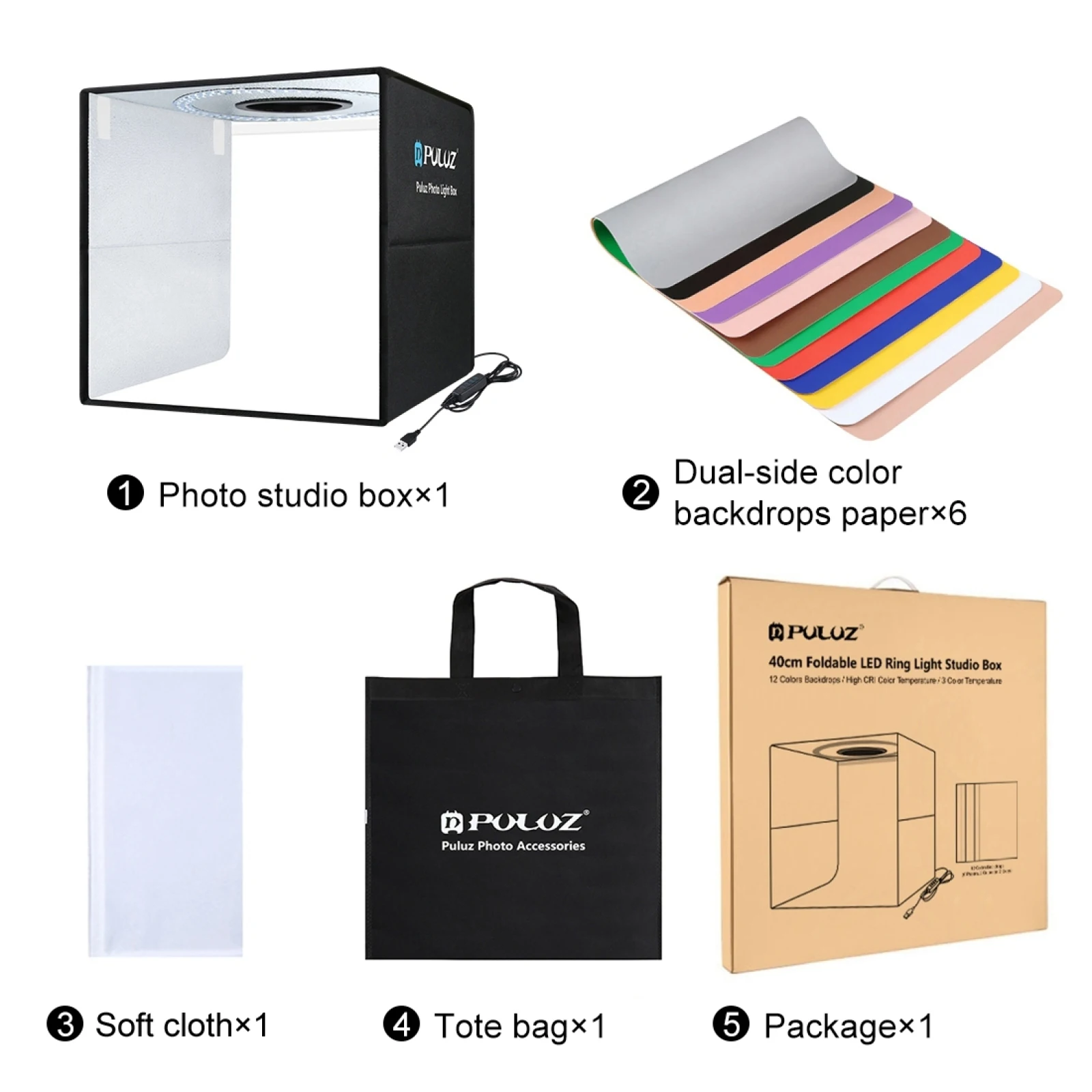 תיבת צילום ניידת מתקפלת PULUZ בעלת תאורת טבעת USB לסטודיו צילום עם 6 רקע צבעוני דו צדדי