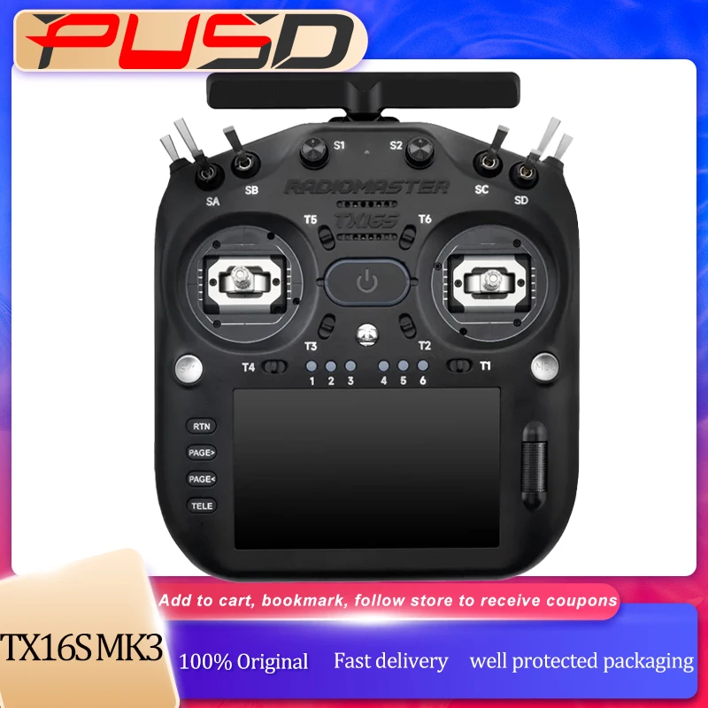 Drone radiocommandé ELRS M2-FCC noir en vol, offrant un pilotage performant et précis.