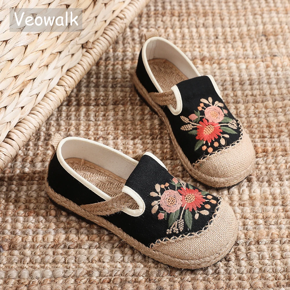 

Эспадрильи Veowalk женские с вышивкой хризантемы, льняные, хлопковые Лоферы без шнуровки, удобные повседневные прогулочные туфли на плоской подошве, серого и черного цвета