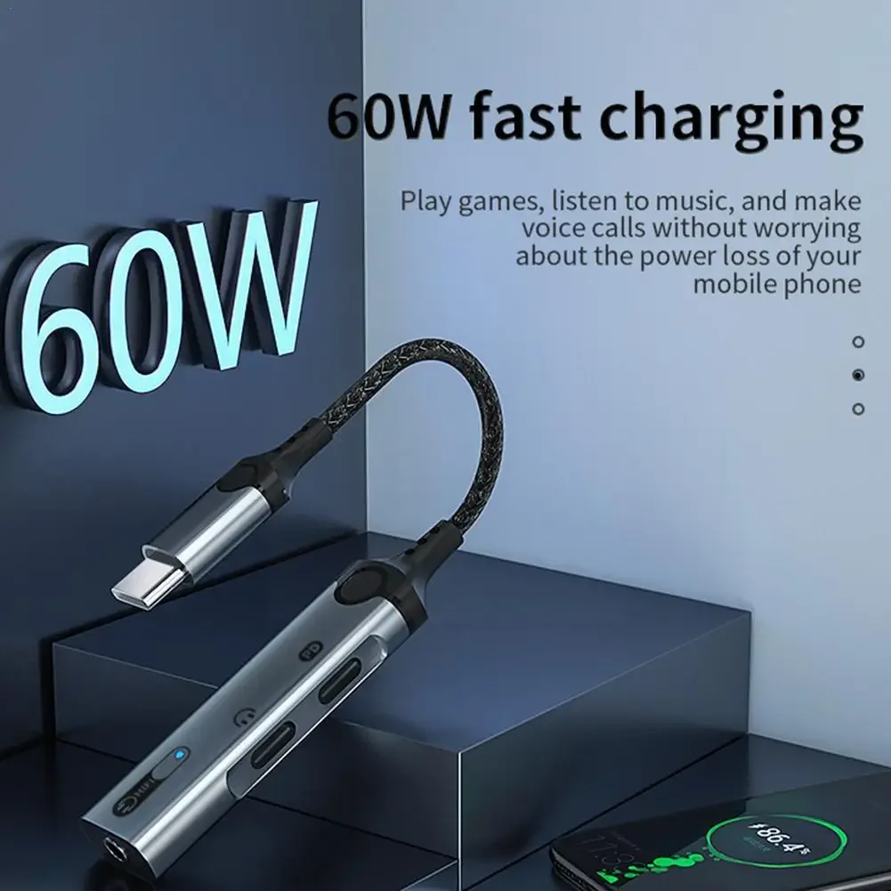 Eonline 2D PD 60W Fast Charging Splitter Earphone Converter Type C To 3.5Mm DAC Audio Dual Type C A For Huawei Samsung