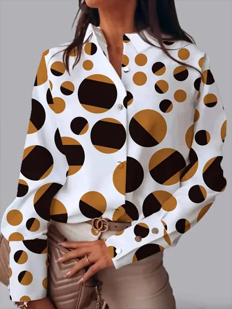 

Freeacy Contrast Color Polka Dot Shirt for Urban Women Daily Casual Loose Fit Blouses 2023 Autumn New Female Commuter Tops