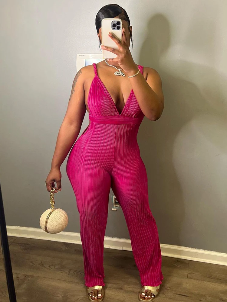 

KLALIEN Sexy V-neck Backless Jumpsuits Women Summer Sleeveless Solid Ruched Skinny One Piece Overalls Streetwear Party Clubwear