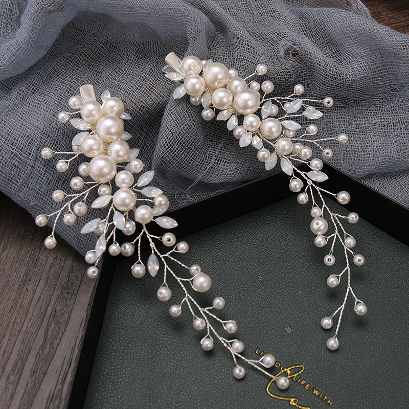 2 Pcs Silver Color Pearls Tiara Hairgrips Clips Handmade Milk Crystal Hairbands Wedding Bridal Headpiece Women Hair Accessories hair accessories bridal hair accessories
