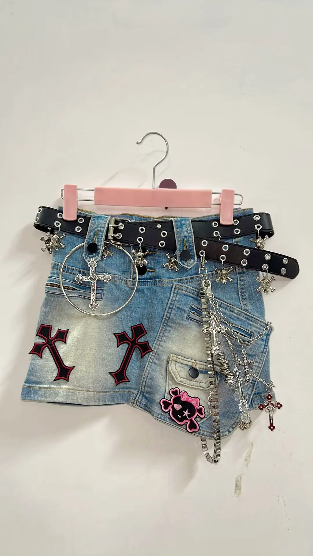 Metal Pendant Chain Denim Mini Skirt 4