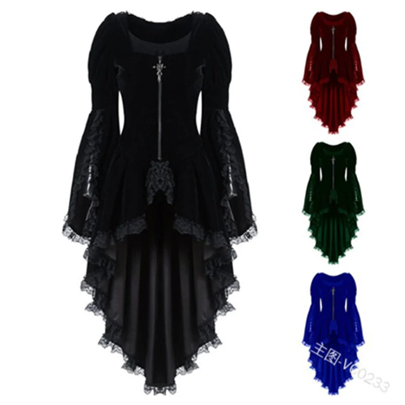 

Women Fashion Gothic Long Sleeve Lace Stitching Velvet Tuxedo Jacket Medieval Aristocratic Ladies Vampire Dress Cosplay Costume