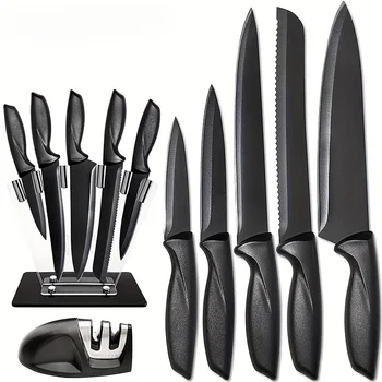 Kitchen knife 7-piece set, black professional stainless steel chef's knife with holder set home rust-proof and sharp meat cutter 1