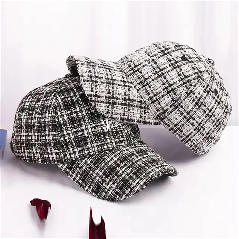 Hot Selling Unisex Fashionable Plaid Baseball Hat Autumn And Winter Tweed Black And White Checkered Baseball Cap