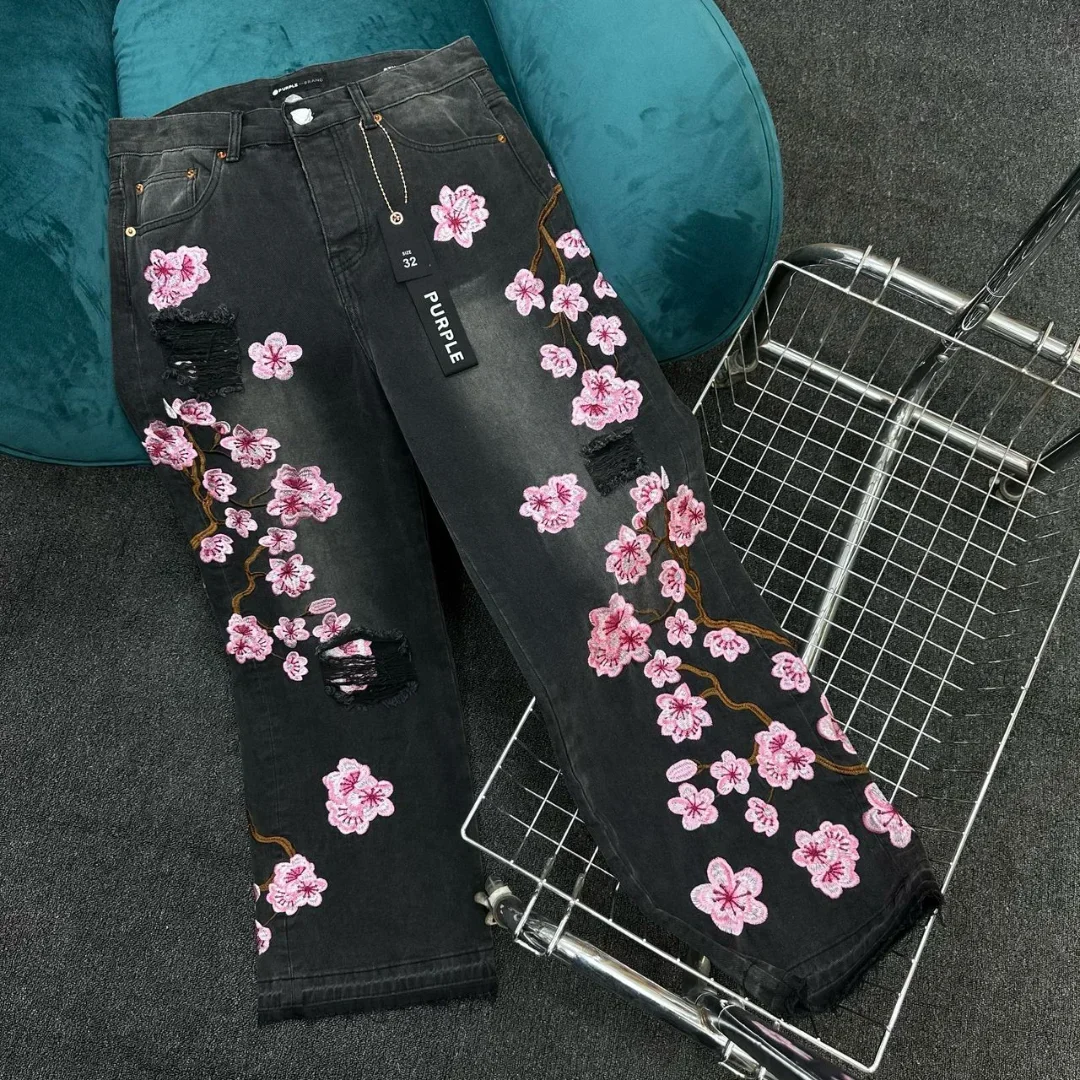 Y2k Harajuku Retro Jeans Men Women Hip Hop Cherry Blossom Embroidery Blue Loose Jeans Gothic Fashion Low Waist Wide Leg Pants 3
