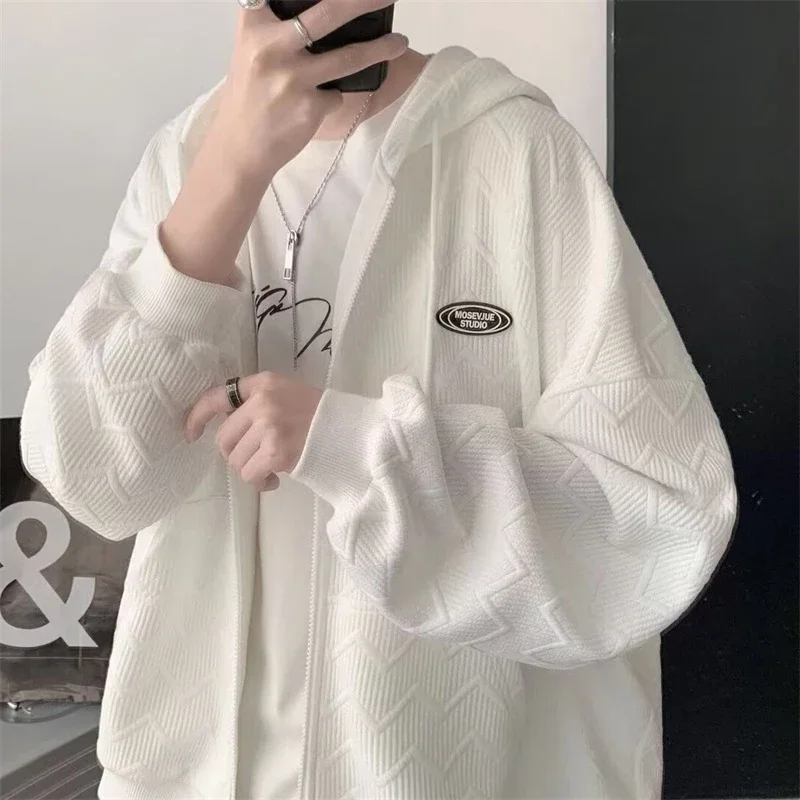 Autumn Jacquard Zipper Hooded Sweatshirt Men Korean Fashion High Street Cardigan Casual Oversized Y2K Vintage Hoodies Jacket customized hoodies,men hoodie