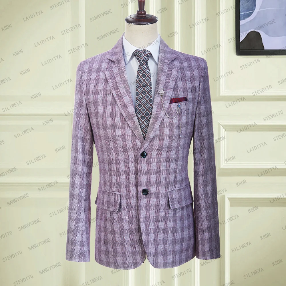 

One Piece Men's Suit Blazer Purple Plaid Pattern Notched Lapel Jacket Back Vent Slim Fit 2023 Formal Business Coat