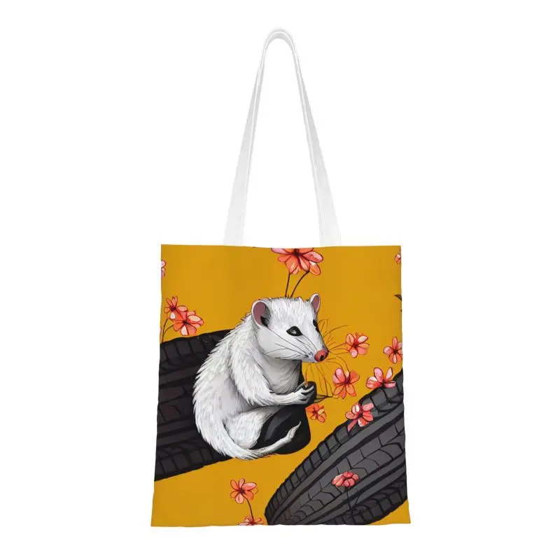 

Opossum On Tires Groceries Shopping Tote Bag Women Custom Animal Pet Canvas Shoulder Shopper Bag Large Capacity Handbag