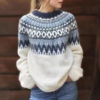 Fashion Jacquard Print Patchwork Pullover Tops 2024 Women Elegant O-neck Knitted Sweater Causal Long Sleeve Loose Thick Jumpers 1