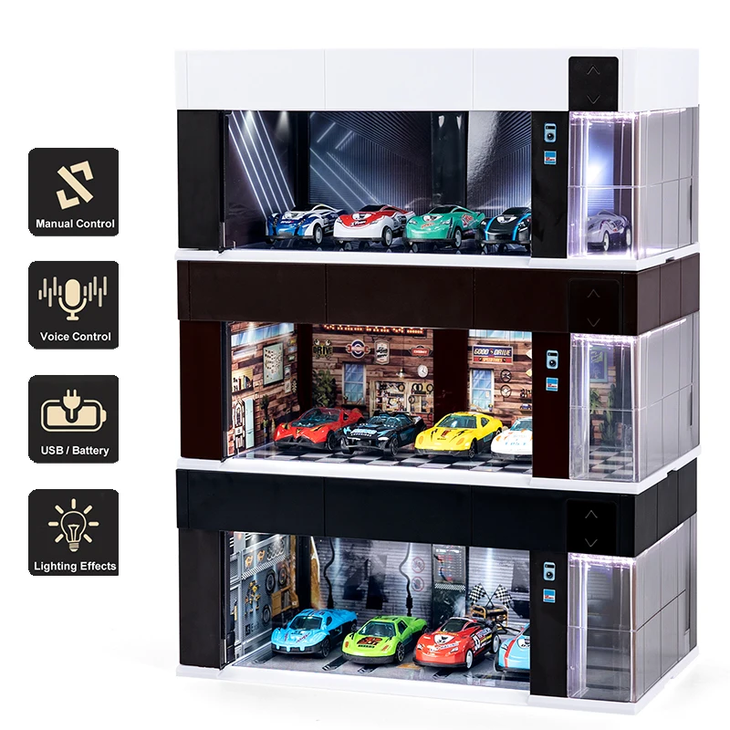 1/64 Scale Garage Scene Model Car Display Box with Light And Voice Control Electronic Door Linked Series Parking Simulation