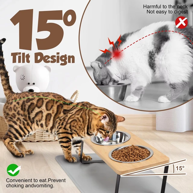 Elevated Cat Food Bowls with 15° Tilt - Raised Pet Feeder Featuring Wooden Stand and Two Stainless Steel Bowls for Cats and Pupp 2