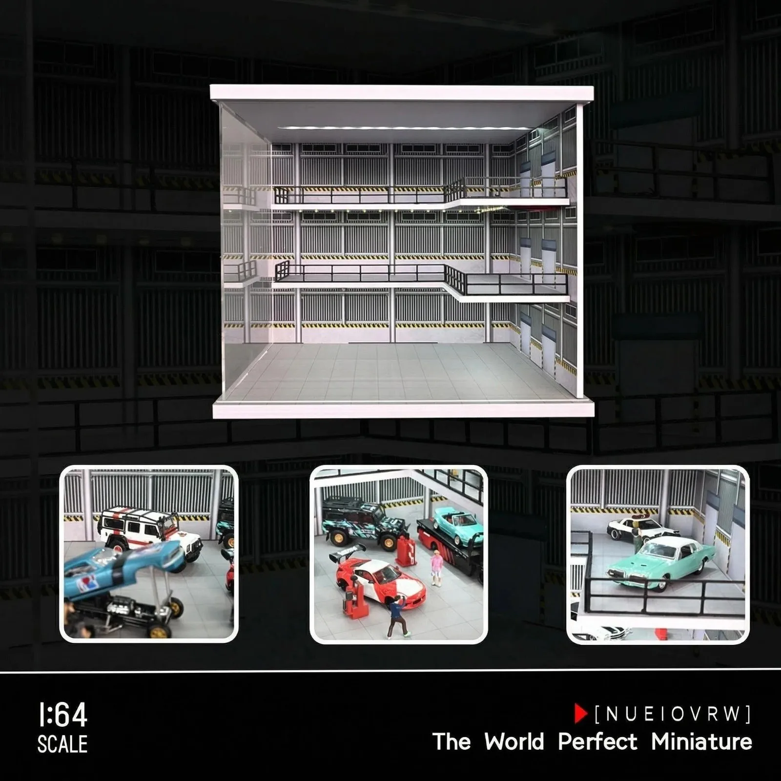 디오라마 1/64 차고 모형 LED 조명 모형 자동차 전시 3층 주차장 장면 쇼룸 전시 케이스 모형