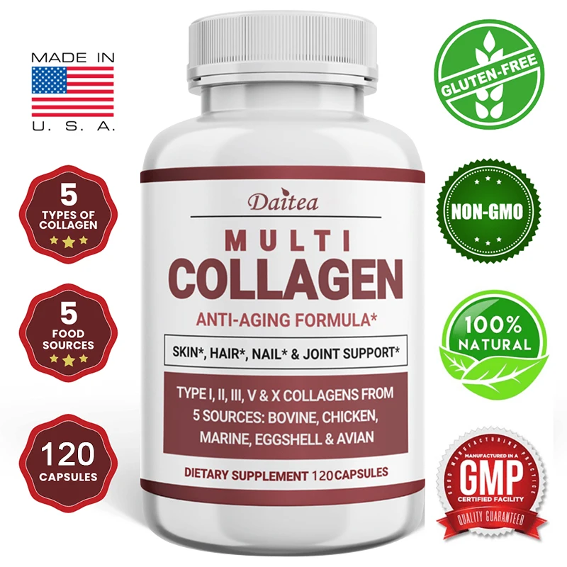 

Multi-Collagen Supplement (Type I, II, III, V, X) - Healthy Skin, Hair, and Joint Support, Non-GMO, 120 Vegetarian Capsules