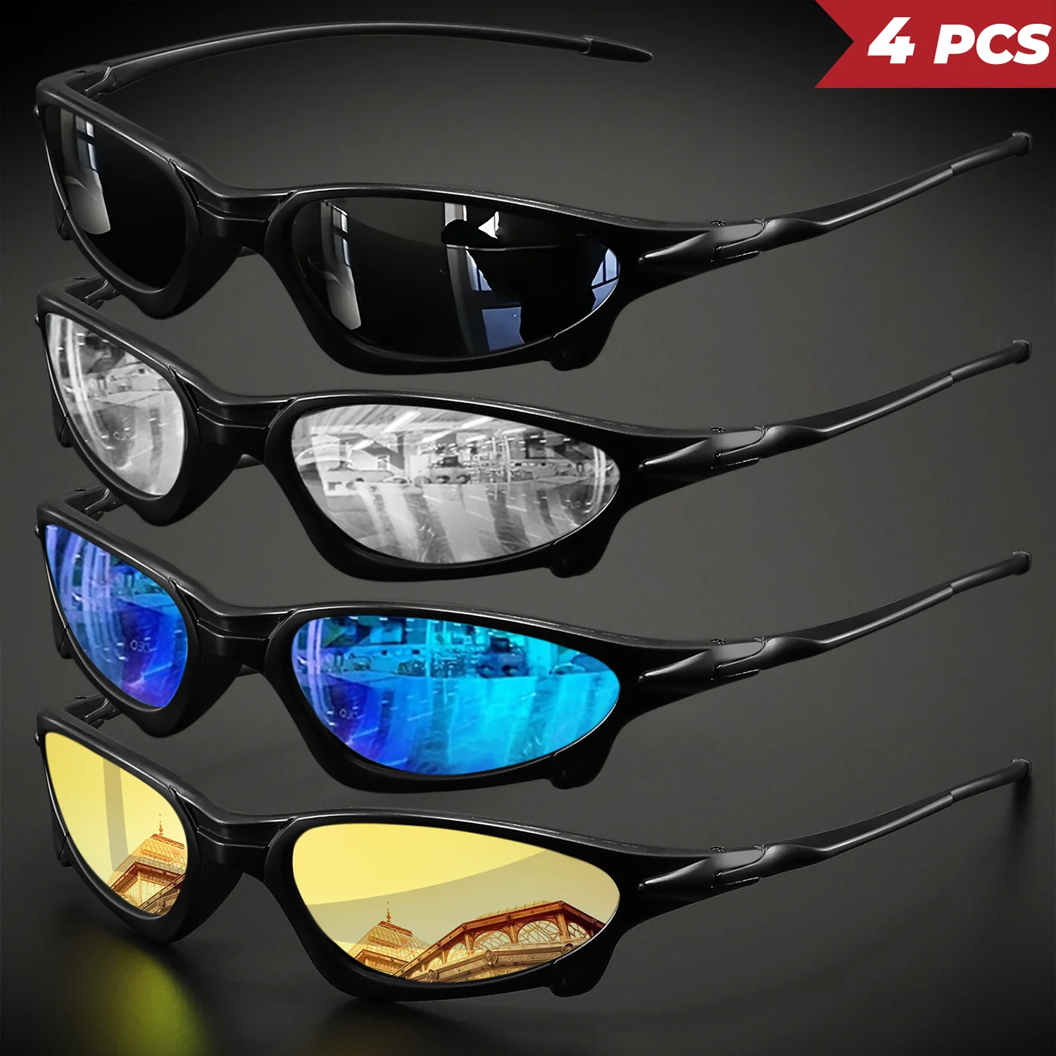 4-teilige futuristische Sport-Sonnenbrille mit kleinem Rahmen – umlaufende Passform, UV400 für Radfahren, Angeln und Reisen – Detail 13