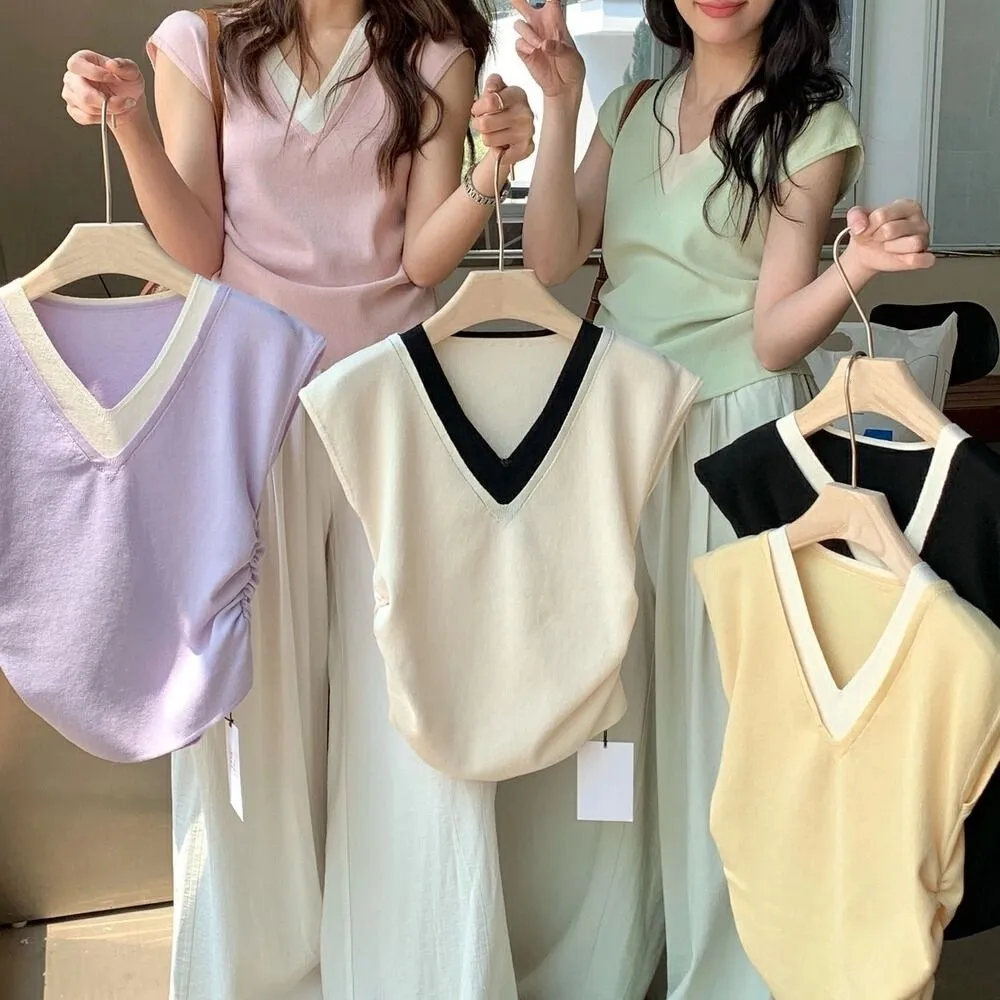 Simple Patchwork Fake Two Pieces T-shirts V-neck Korean Style Slim Crop Top Short Sleeve Sweet Girl's Top Streetwear