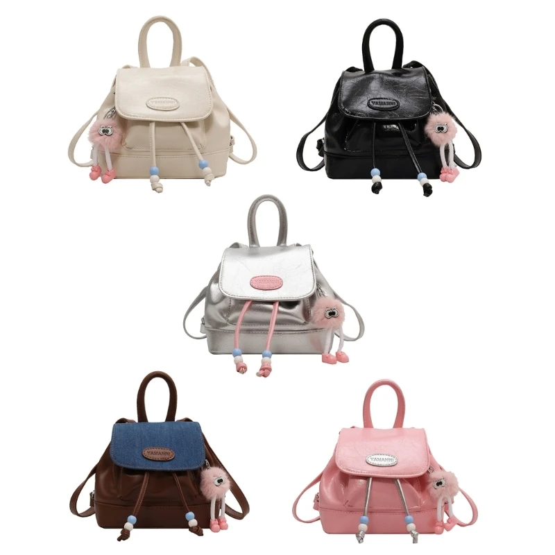 

Trendy PU School Backpack Travel Daypack Small Rucksack with Drawstring Closure for Women Dropship