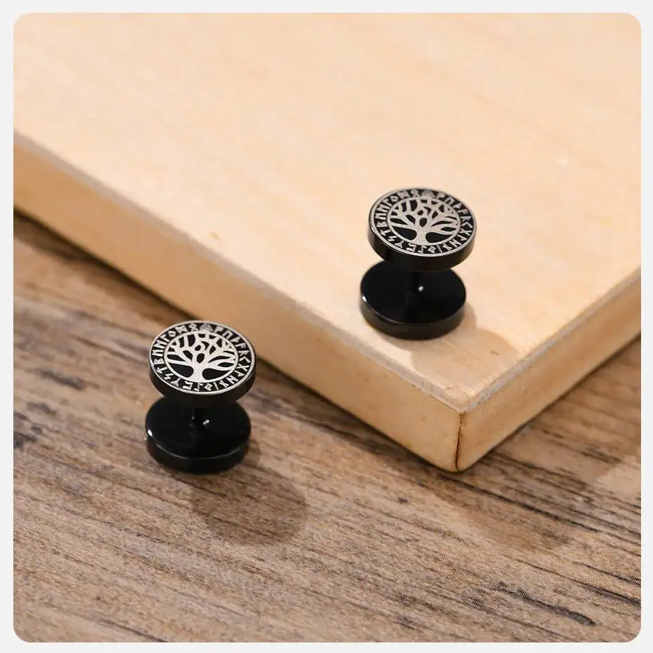 Vnox Herren-Wikinger-Ohrstecker, schwarz, Vegvisir und Norse Valknut, coole Punk-Edelstahl-Ohrringe mit nordischem Wikinger-Set für Männer – Detail 8