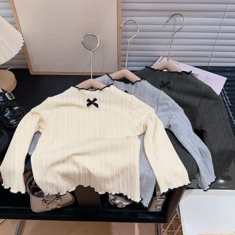 6M-8Y Girls Long Sleeved T-shirt Children Ruffled Edge Bow Knitted Tops 2025 Autumn Versatile Base Shirt for Baby Girls