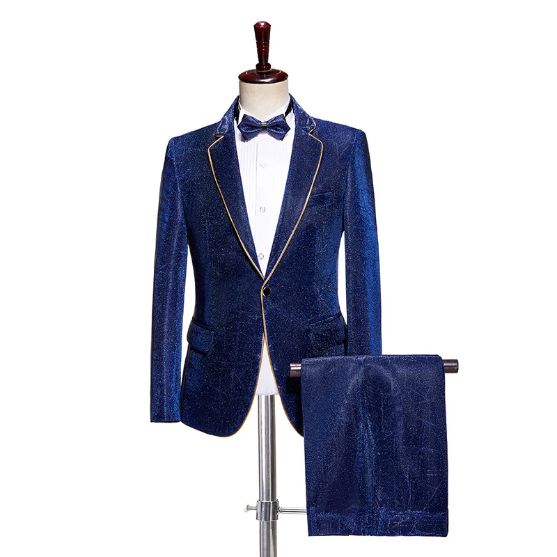 

2 Piece Royal Blue Velvet Tuxedo Suit Male Wedding Groom Dress Suits Pants Mens One Button Peak Lapel Dinner Party Costume Traje