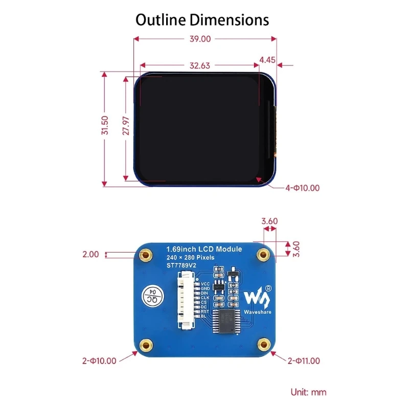 1.69ġ LCD ÷  240x280 IPS ũ, 262K RGB SPI Ӻ ST7789V2