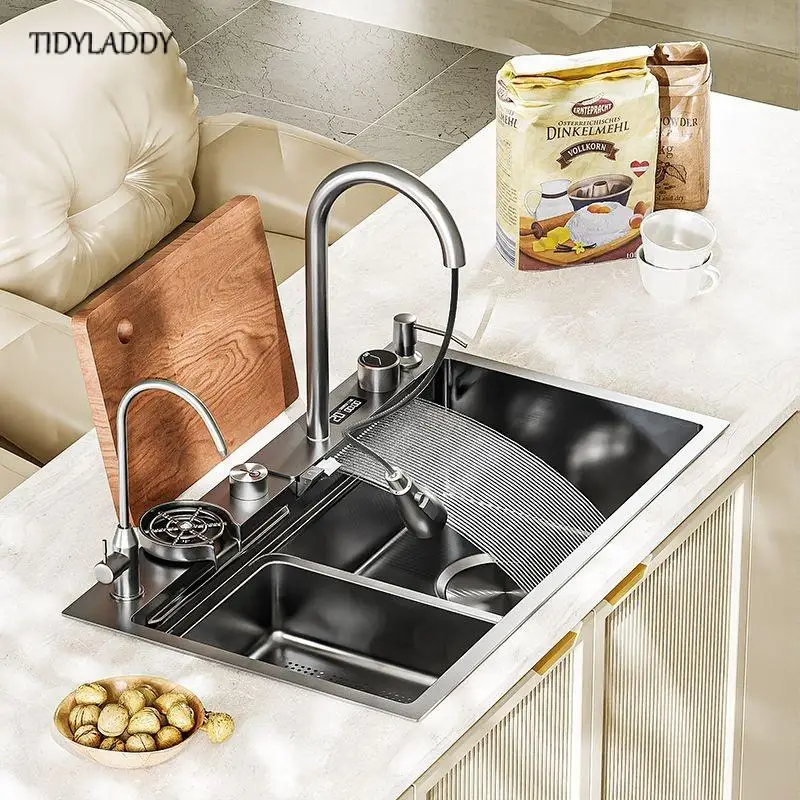 Digital Display Waterfall Sink Multifunctional Stainless Steel Large Single Slot Kitchen Accessories Gourmet Faucet Kitchen 3