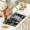 Digital Display Waterfall Sink Multifunctional Stainless Steel Large Single Slot Kitchen Accessories Gourmet Faucet Kitchen 3