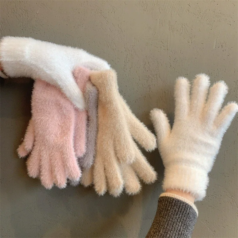 Mink Velvet Gloves Fashion Winter Five Finger Plush Warm Cold-proof Women Outdoors Cycling Solid Color Wistiti Mittens