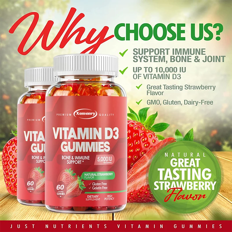 

Vitamin D3 5000IU Adult & Kids Gummies - Immune System, Bone & Joint Support - Delicious Strawberry Flavor Gluten Free