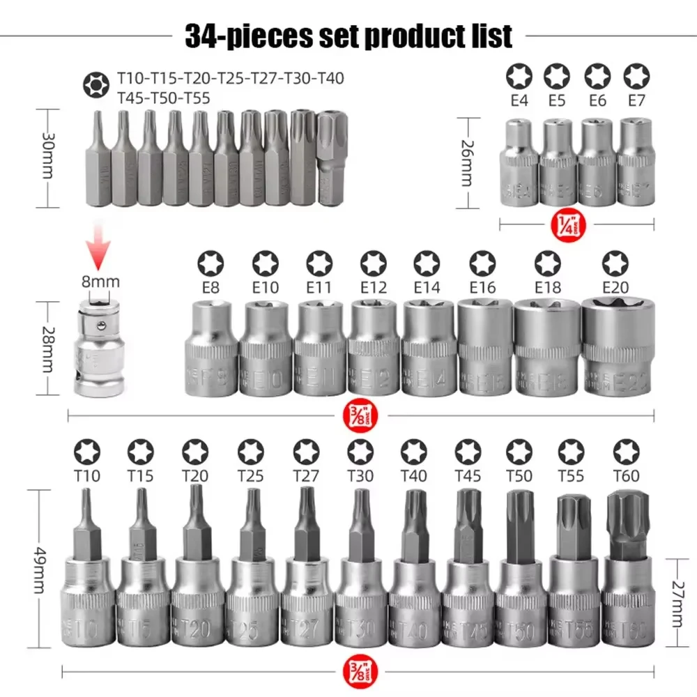 Professional 34pcs Torx Bit Socket & E-Torx Star Socket Set 1/4" 3/8" 1/2" Drive Male Female E-torx Bits Handheld Tool with Case 4