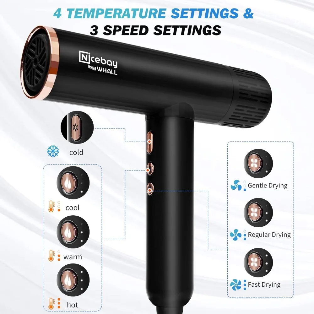 Ionic Hair Dryer Professional Blow Dryer With 3 Attachments 110000RPM High-Speed Brushless Motor For Fast Drying