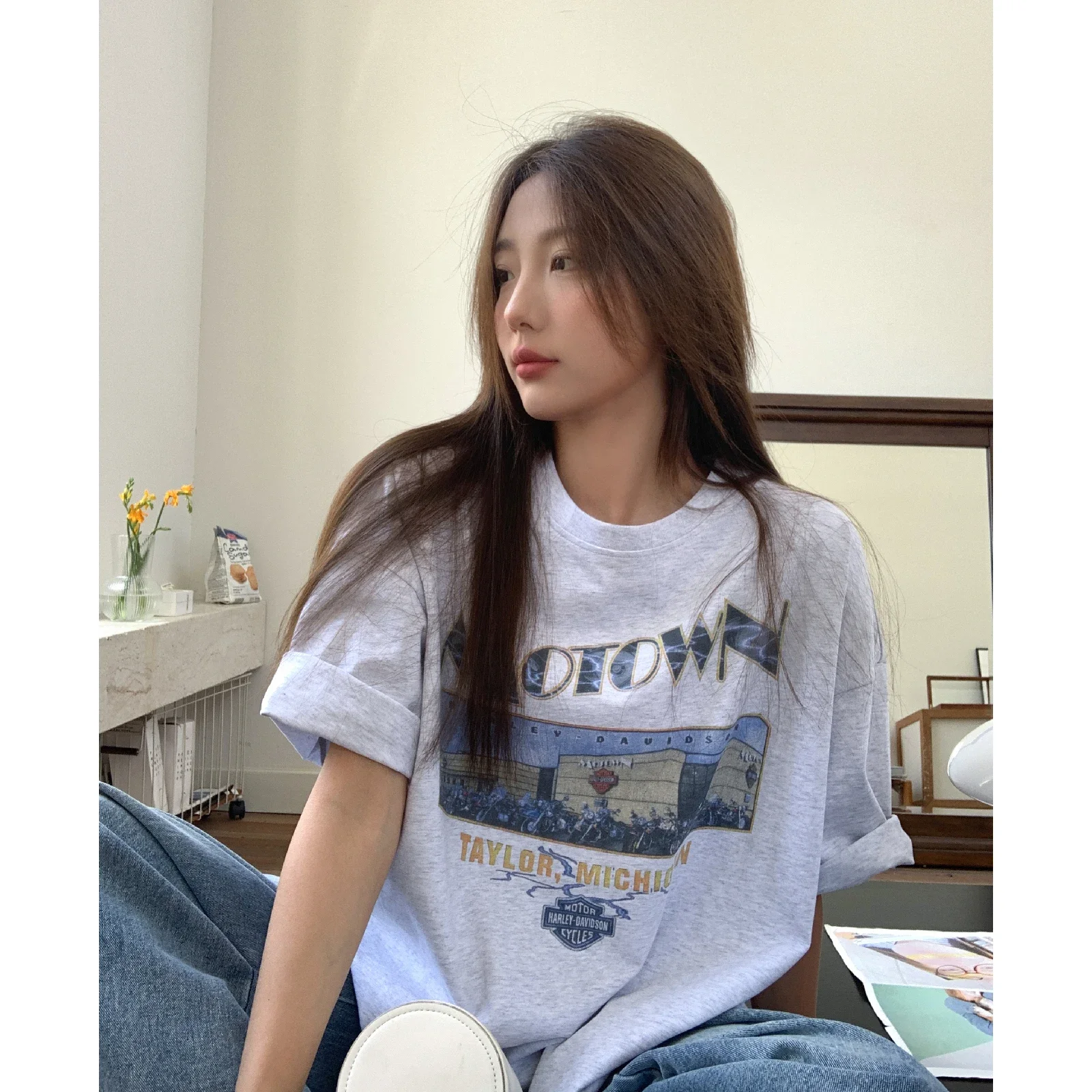 여성용 아메리칸 빈티지 반팔 티셔츠, 라운드넥 반팔 상의, 루즈한 캐주얼 슬레, 여름 신상