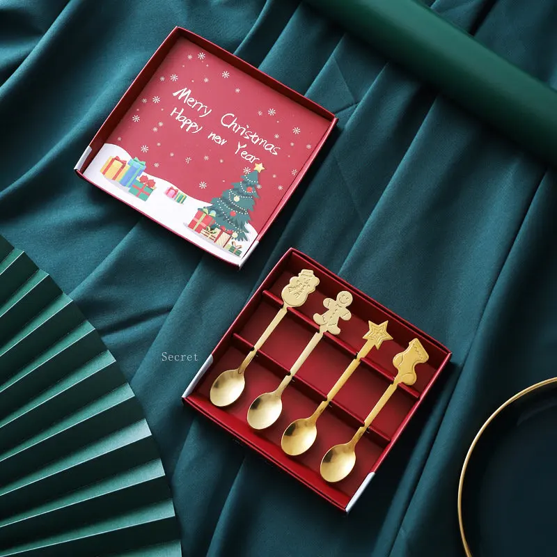 Christmas Coffee Spoons 4PCS with Gift Box Teaspoons Dessert Stainless Steel Spoons Tableware Christmas Gift New Year stainless steel spoon
