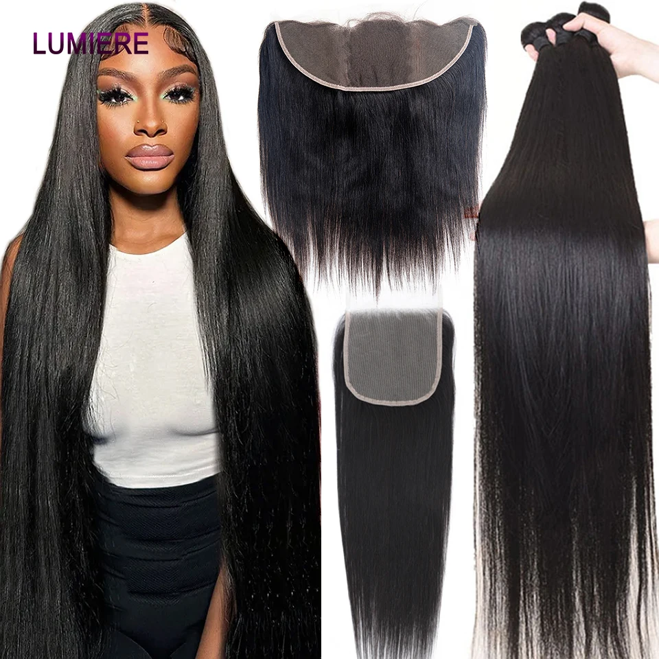8-40" Bone Straight Human Hair Bundles With Lace Closure Frontal With Bundles 3/4 Virgin Hair Weave Bundles Deal Hair Extensions