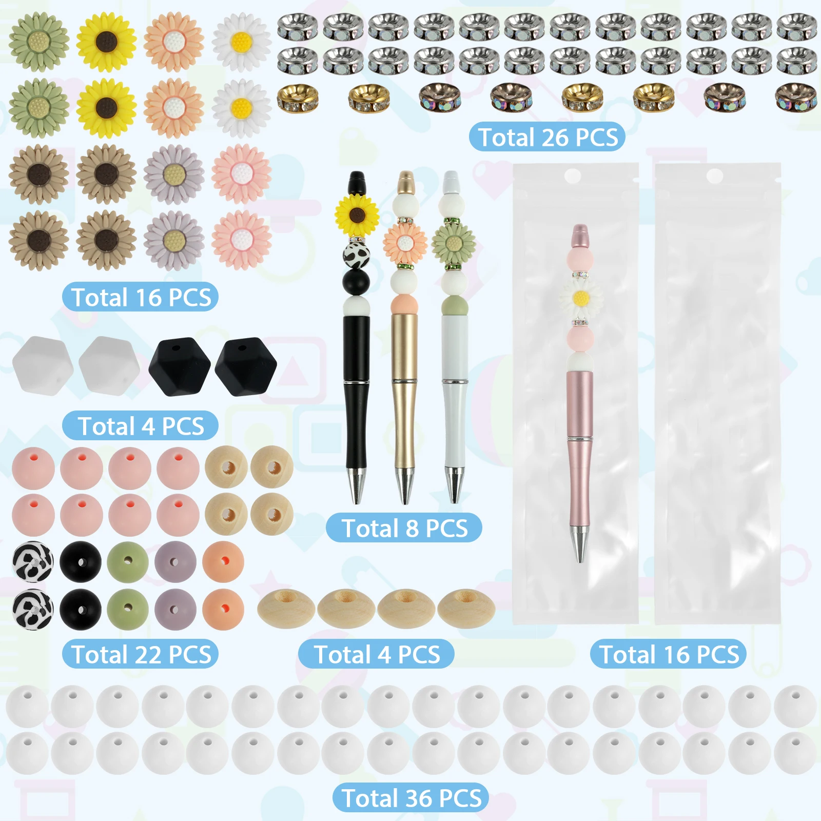 16 Stück Perlens tifte Kit Gänseblümchen Themen DIY Perlens tifte mehrfarbige Perlen verschiedene Perlens tifte schwarze Tinte Perlens tifte Set kreative Perlen